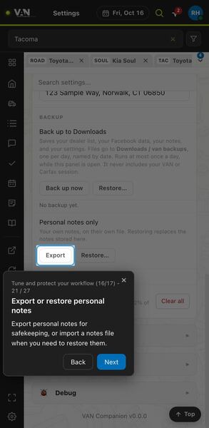Screenshot: Export or restore personal notes